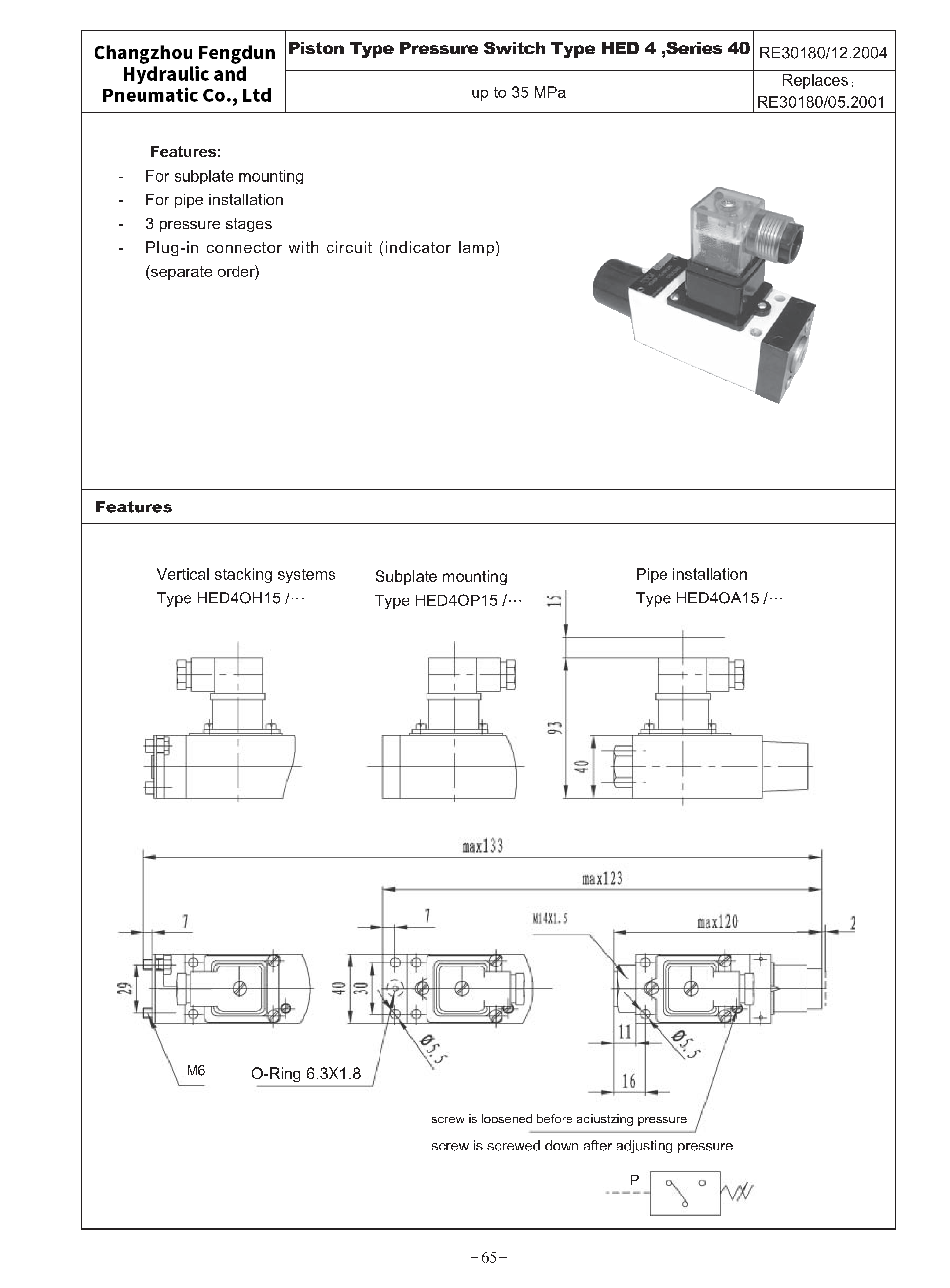 HED4 type Piston Type pressure Switch