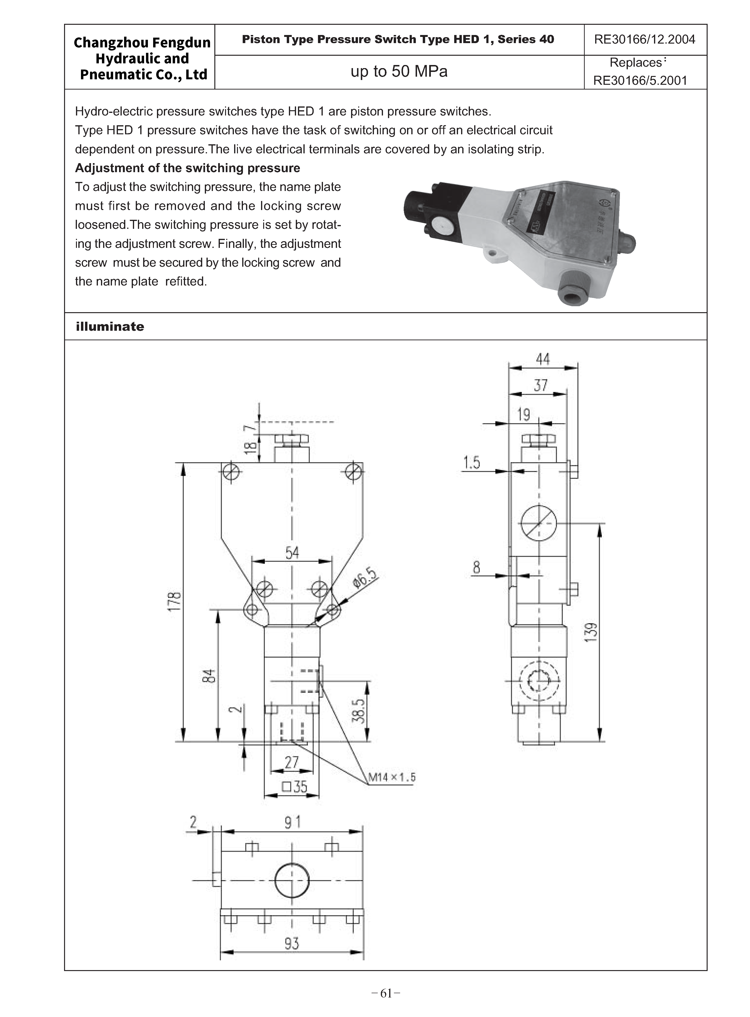 HED1 type Piston Type pressure Switch