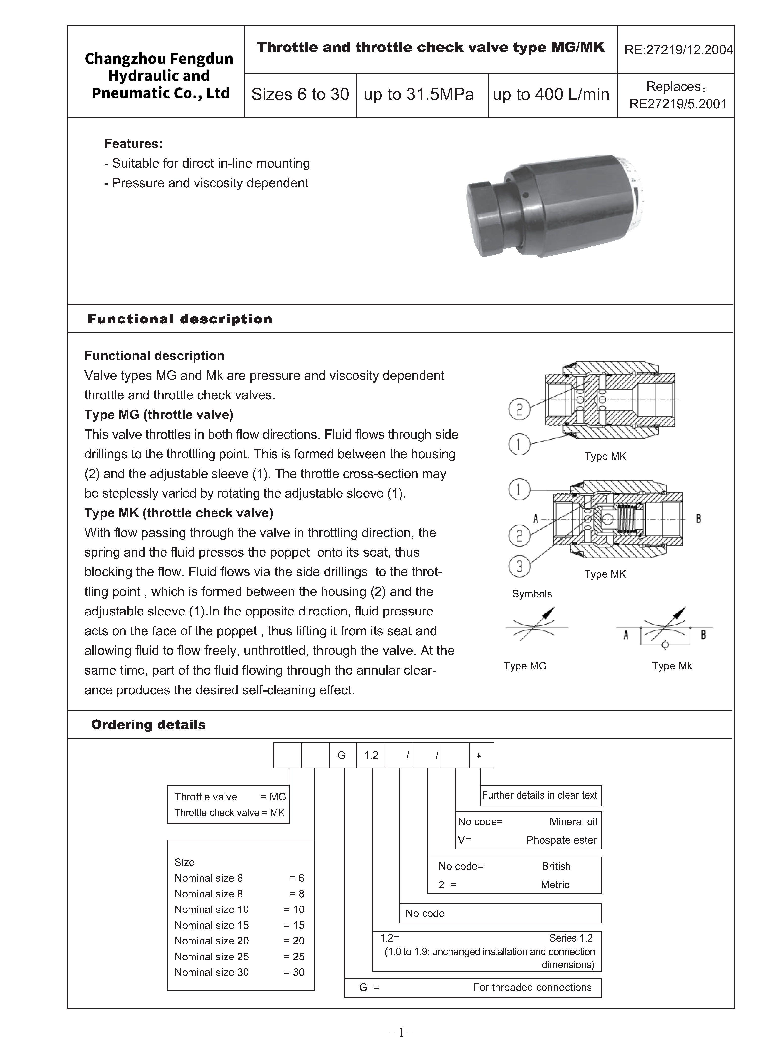 MGMK type Throttle and throttle check valve